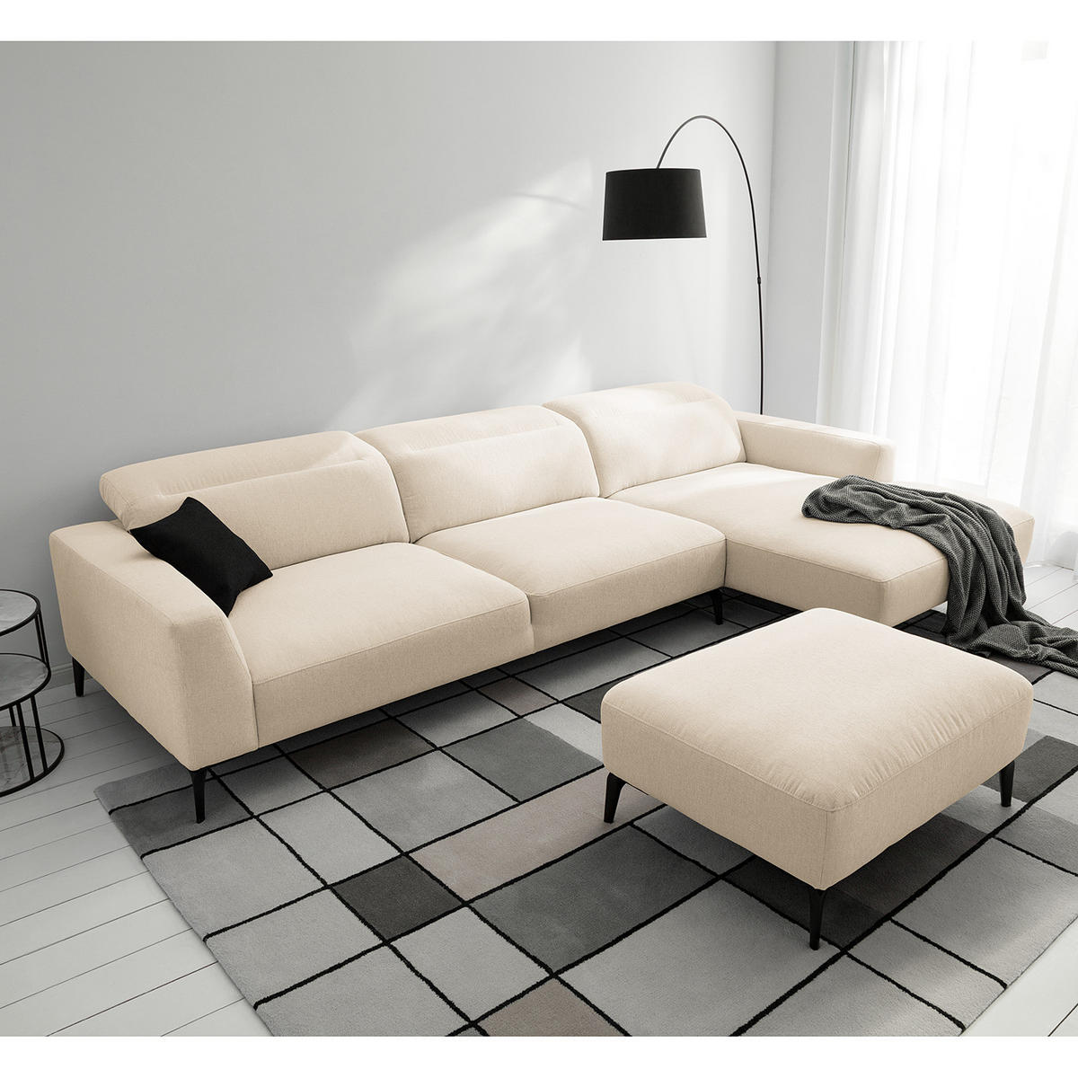 ECKSOFA mit Longchair - Beige/Schwarz, Textil/Metall (328/180cm) - home24