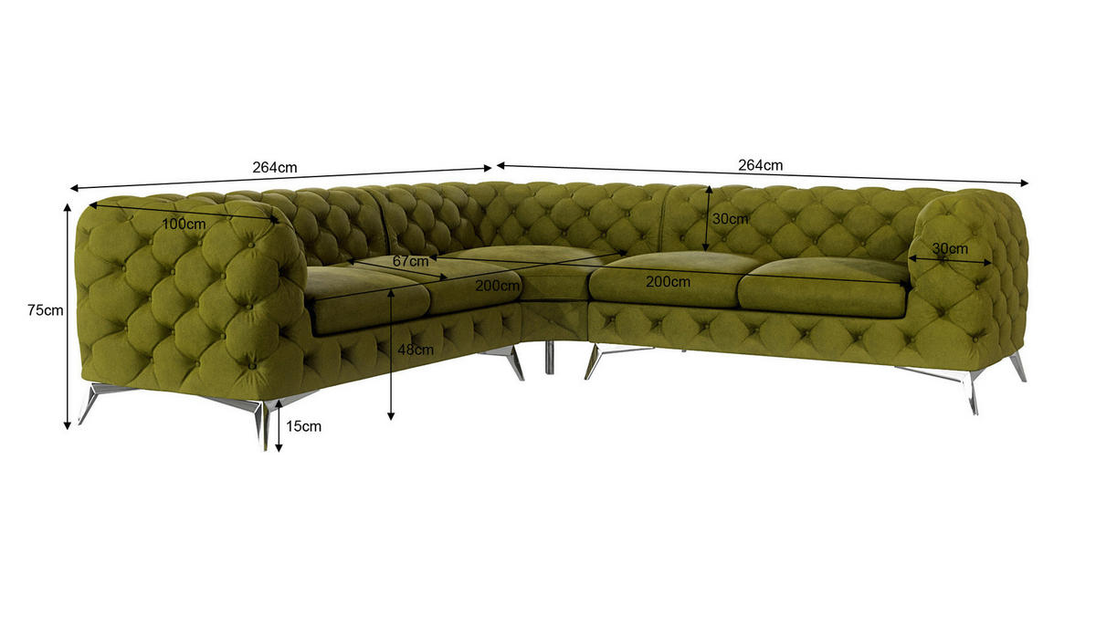 ECKSOFA Chesterfield Laura Olive Samt - Silberfarben/Olivgrün, Holz/Textil (264/264cm) - S-Style Möbel