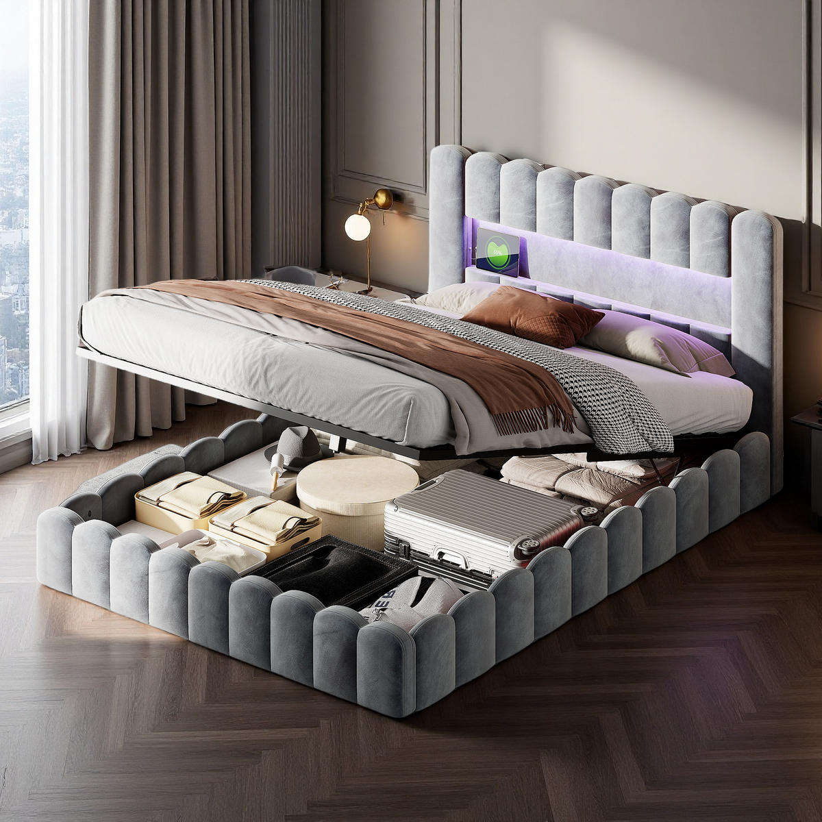 POLSTERBETT 180x200 cm Grau Leinen LED USB Typ-C - Grau, Metall (180/200cm) - SHOPENTRA