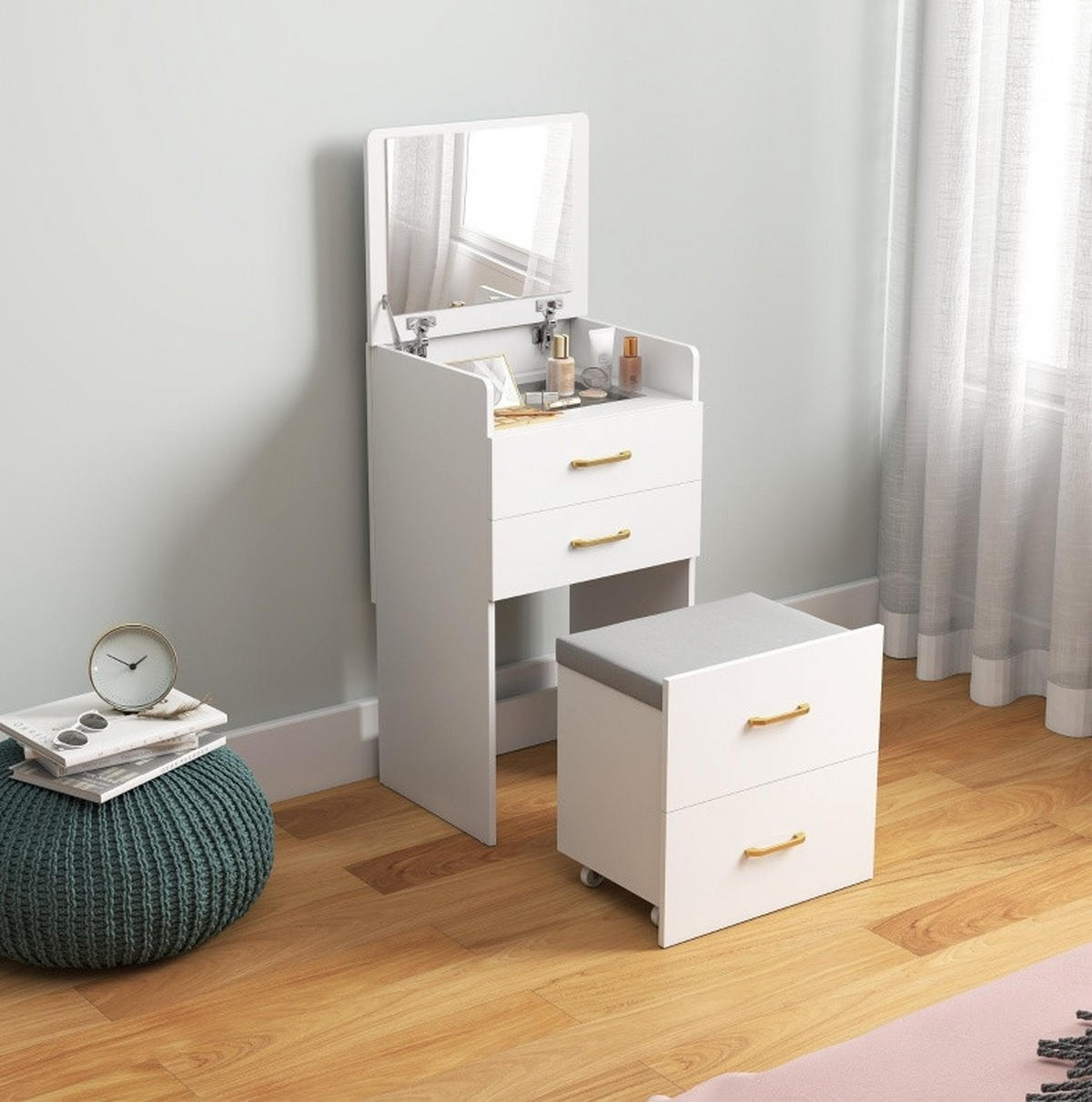 SCHMINKTISCH 48/40/90 cm in Weiß, 3-in-1 mit Spiegel und Rollhocker - Weiß, Holzwerkstoff (40/90/48cm) - Flora Grace