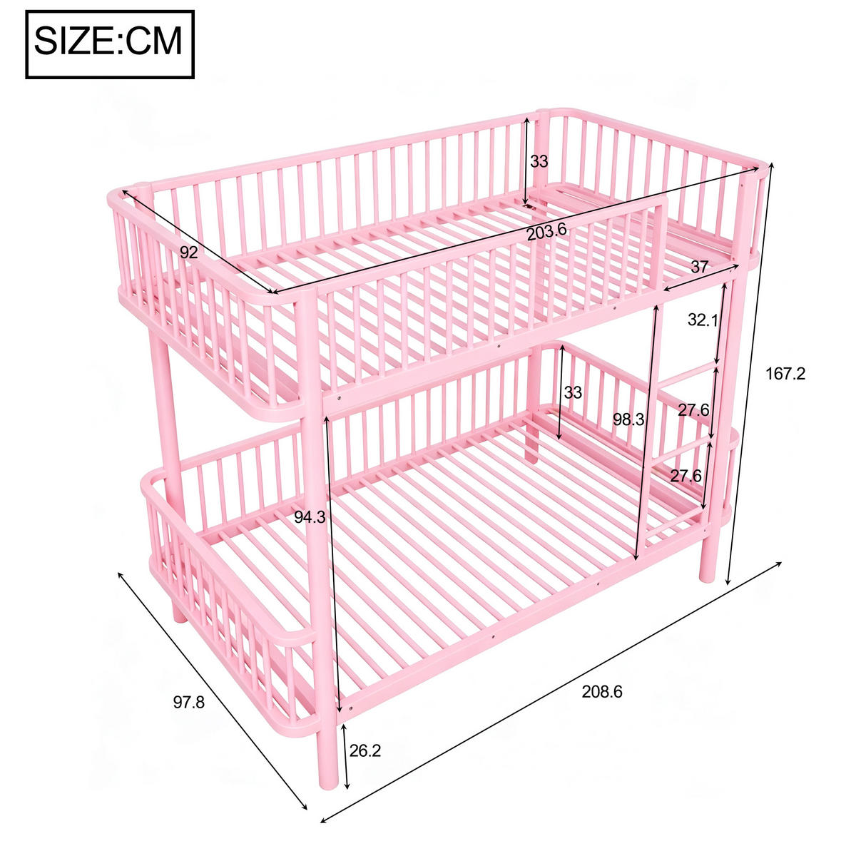 METALL-ETAGENBETT 90*200 mit Schutzgitter, Schwarz-Rosa - Pink, Metall (90/200cm) - FLIEKS
