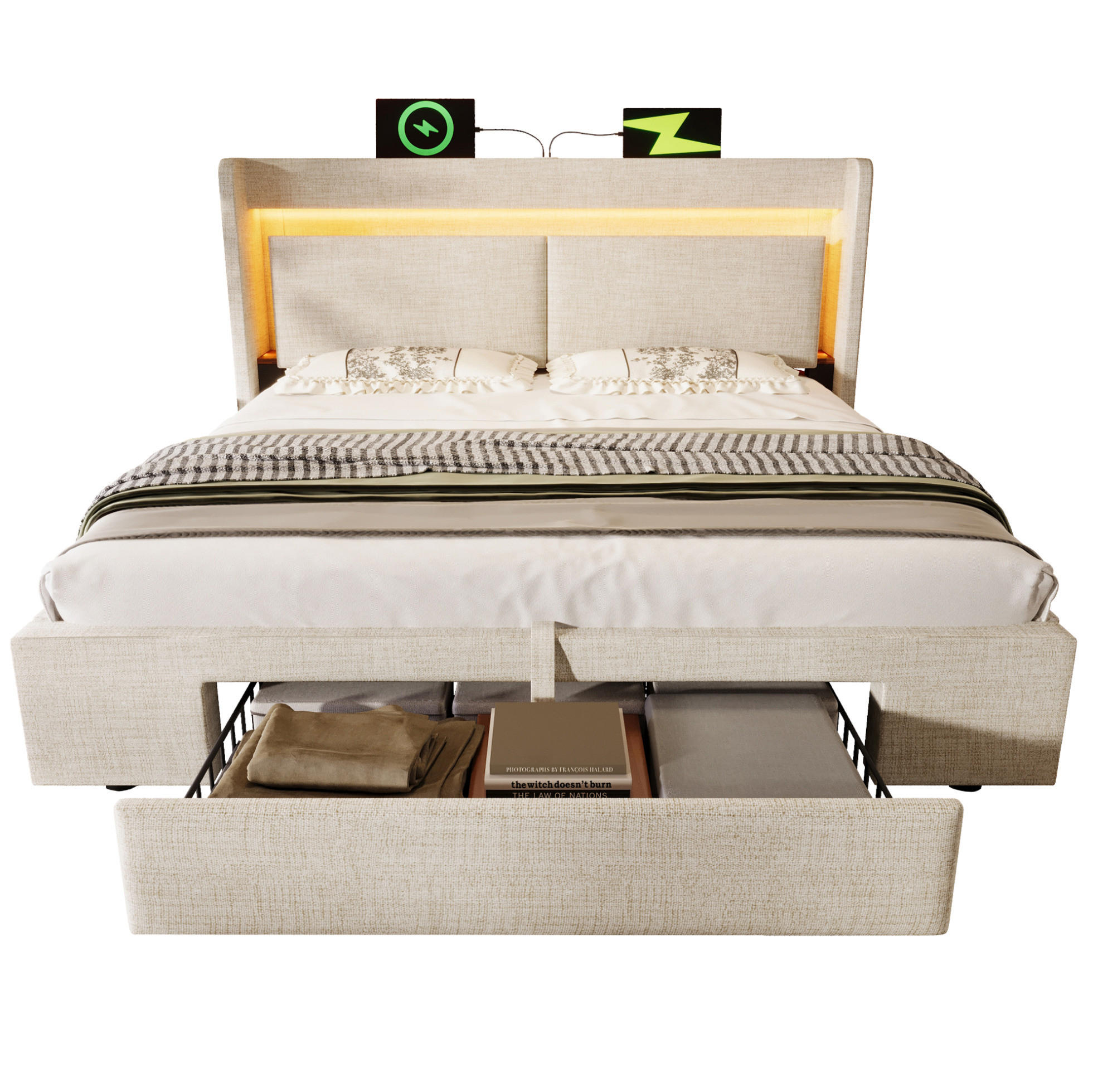 POLSTERBETT 160/200 cm mit Bettkasten, LED und USB-Anschluss, Beige - Beige, Textil (160/200cm) - BEAOK