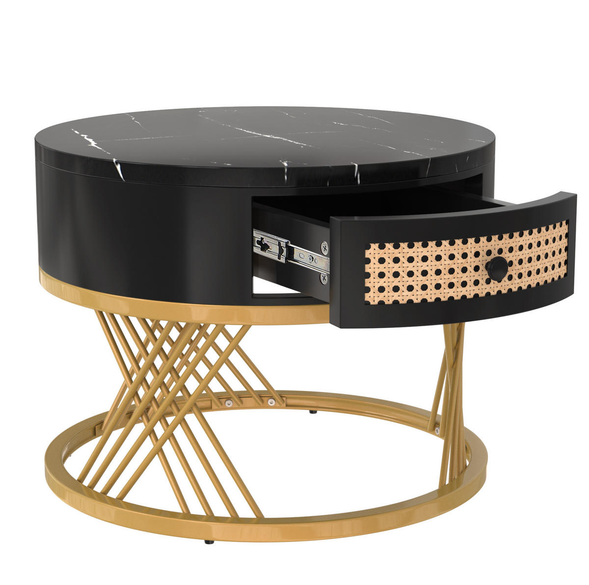 COUCHTISCH-SET 70/70/45,5 + 50/50/38,5 cm mit Schublade, Marmordekor und Rattanoptik, Schwarz/Gold - Schwarz, Holzwerkstoff (70/70/45.5cm) - Redom