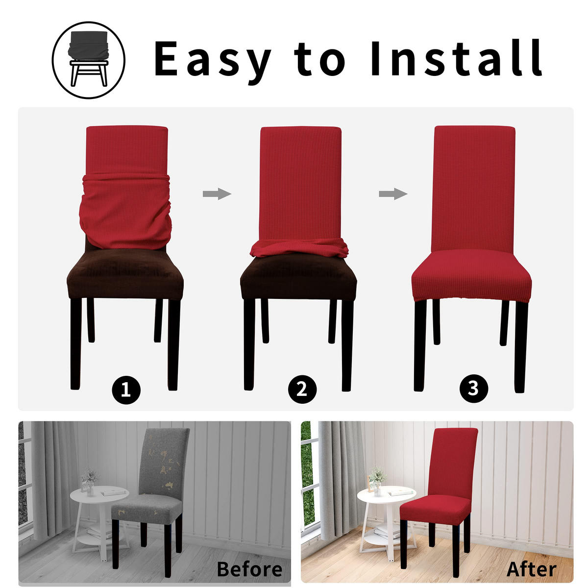 STUHLHUSSE wasserdichte Stretch-Jacquard Burgunderrot 4er-Set - Weinrot, Textil (38/47cm) - Kaket