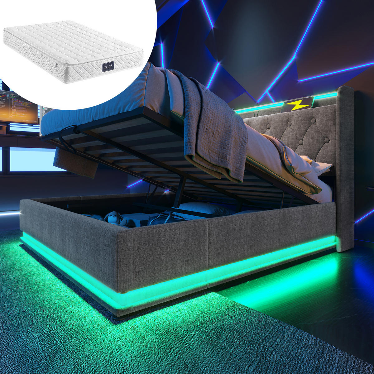 POLSTERBETT aus Leinen 160x200 cm Grau mit LED, USB-C, Stauraum und Matratze - Grau, Textil (160/200cm) - IVMEU