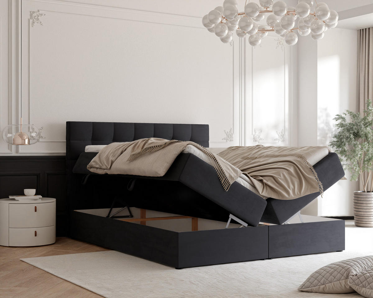 BOXBETT GRAND 140/200 cm, in Schwarz, mit Matratze und Topper - Schwarz, Holzwerkstoff/Textil (140/200cm) - Idohome