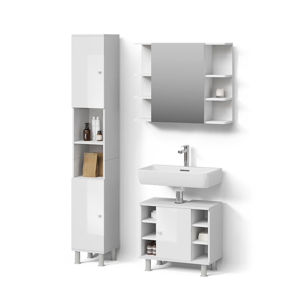 BADMÖBEL-SET Fucino Weiß Hochglanz 3 Teile, mit Hochschrank - Weiß Hochglanz/Weiß, Holzwerkstoff (80/64/21cm) - Livinity®