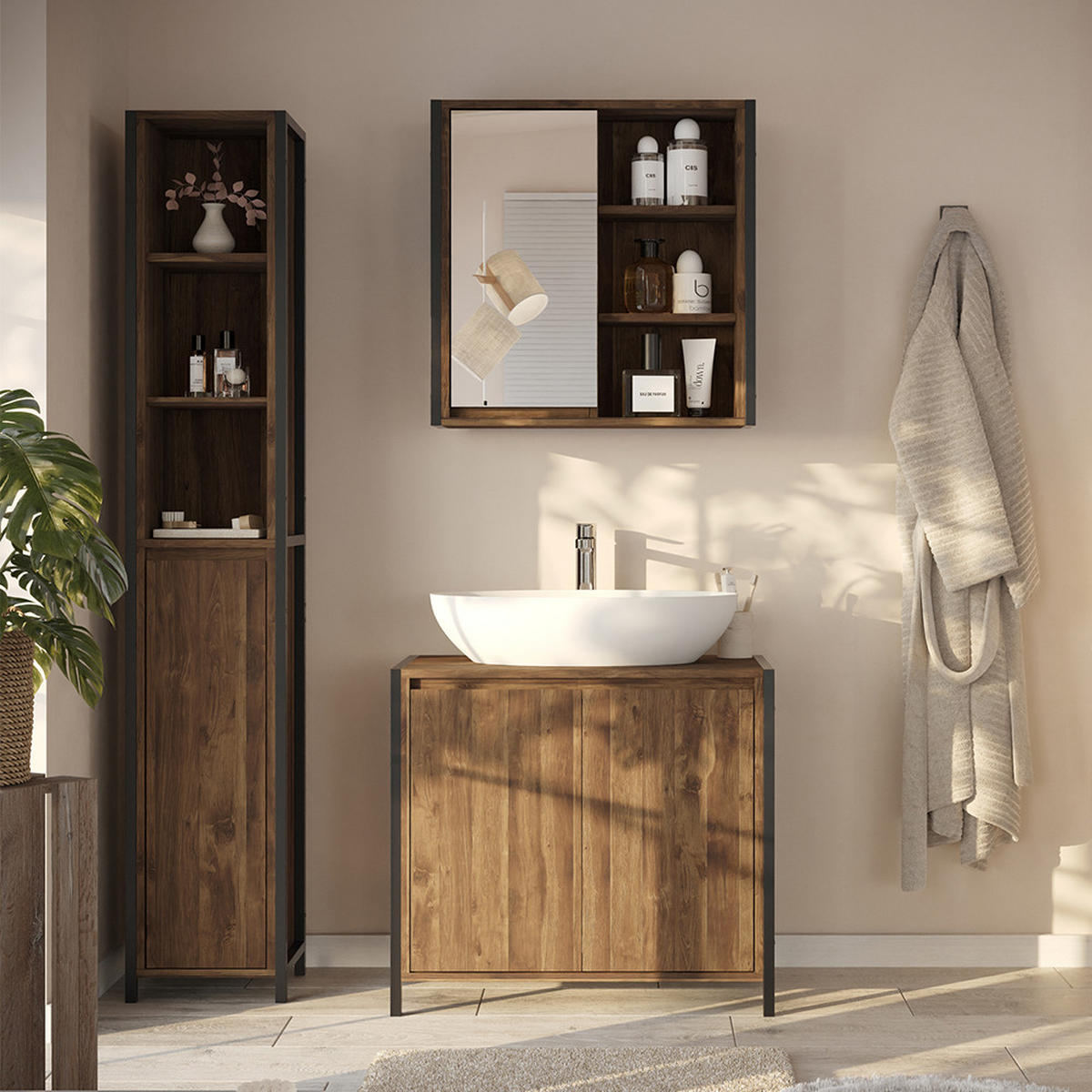 BADMÖBEL-SET Naola Eiche/Schwarz 3 Teile - Eichefarben/Schwarz, Holzwerkstoff (70/65/40cm) - Vicco