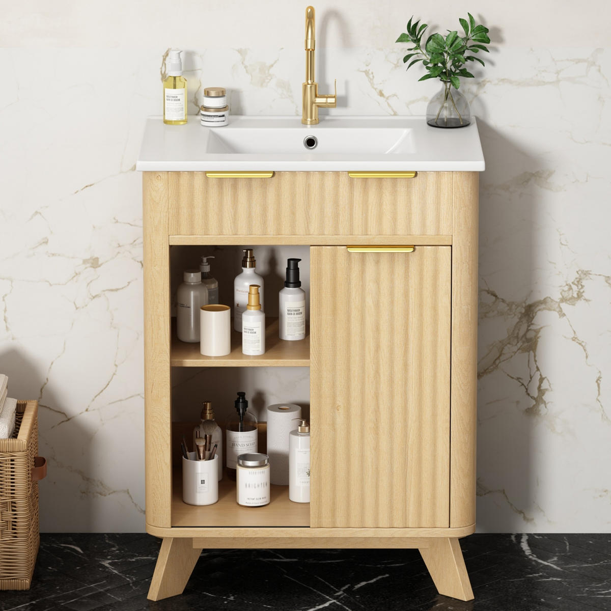WASCHTISCHKOMBI 47/61/90 cm Naturholz mit 3 Schubladen und Schiebetür, ohne Wasserhahn - Naturfarben, Holz/Holzwerkstoff (47/90/61cm) - Oxeza
