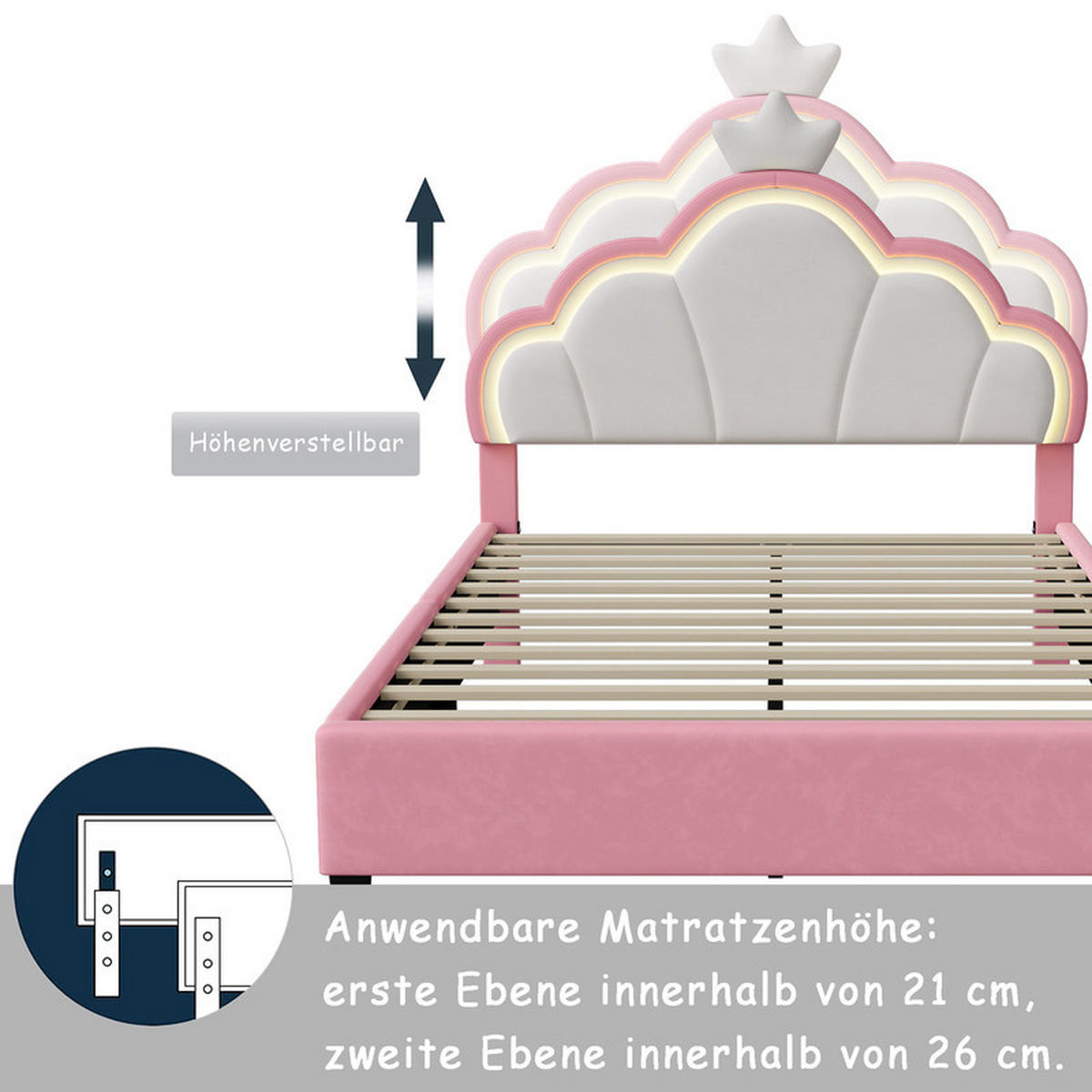 KINDERBETT 140x200cm, Samt, Rosa, Mädchenbett, mit LED-Lichtleiste, ohne Matratze - Rosa, Holz (140/200cm) - WoodenAura