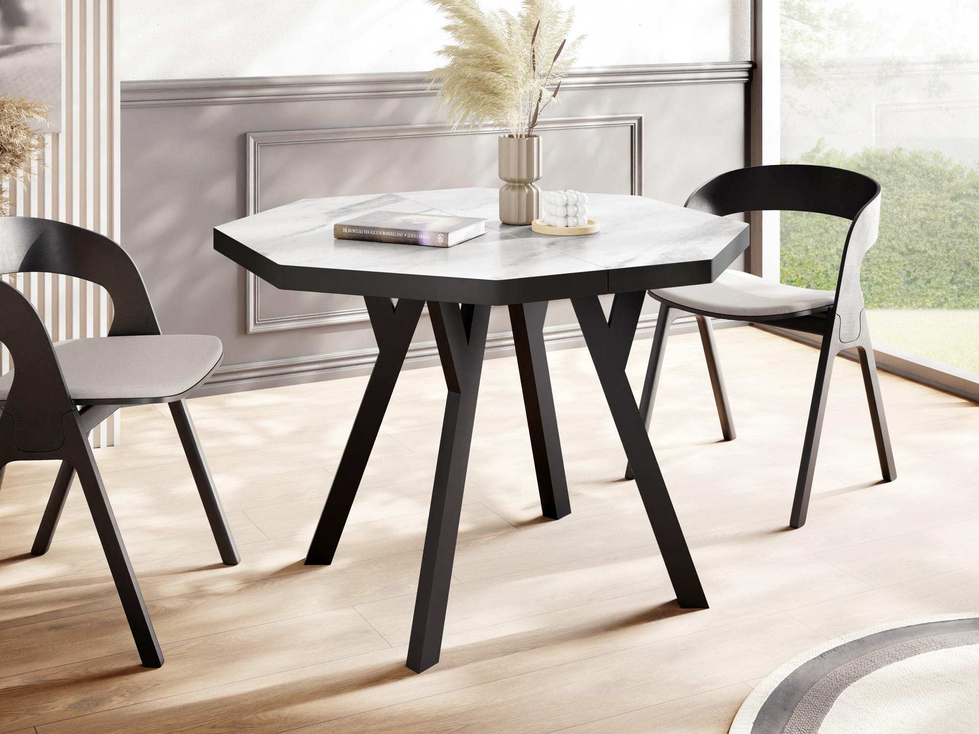 ESSTISCH Desmond achteckiger ausziehbarer, Marmor Weiß 100-200/100/76 cm - Ecru/Schwarz, Holz/Holzwerkstoff (100/100/76cm) - WFL GROUP