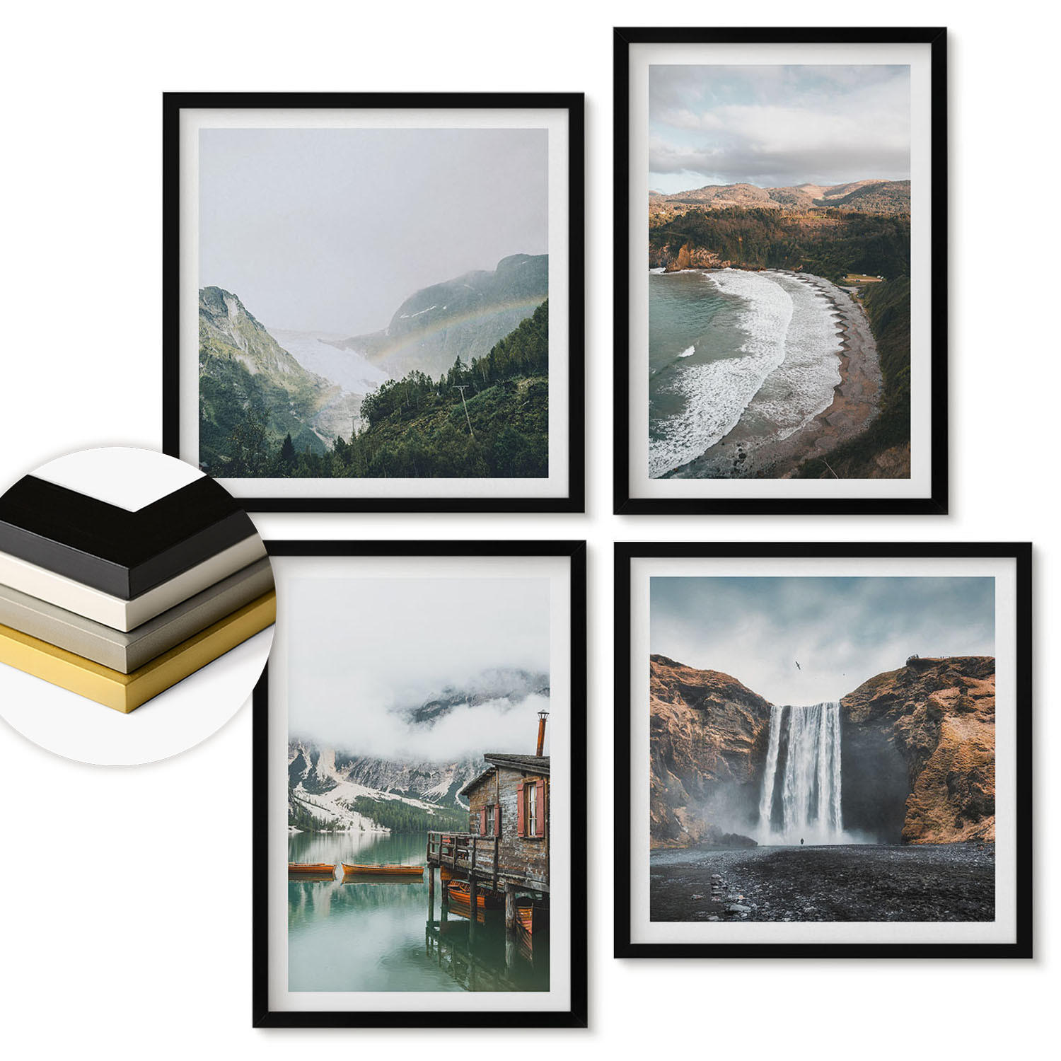 WANDBILDER 4er-Set - 50x50 cm & 40x60 cm Schwarzer Rahmen - Bergstrände Wolken Wasser - Schwarz, Kunststoff (50/50cm) - ArtPrintCave