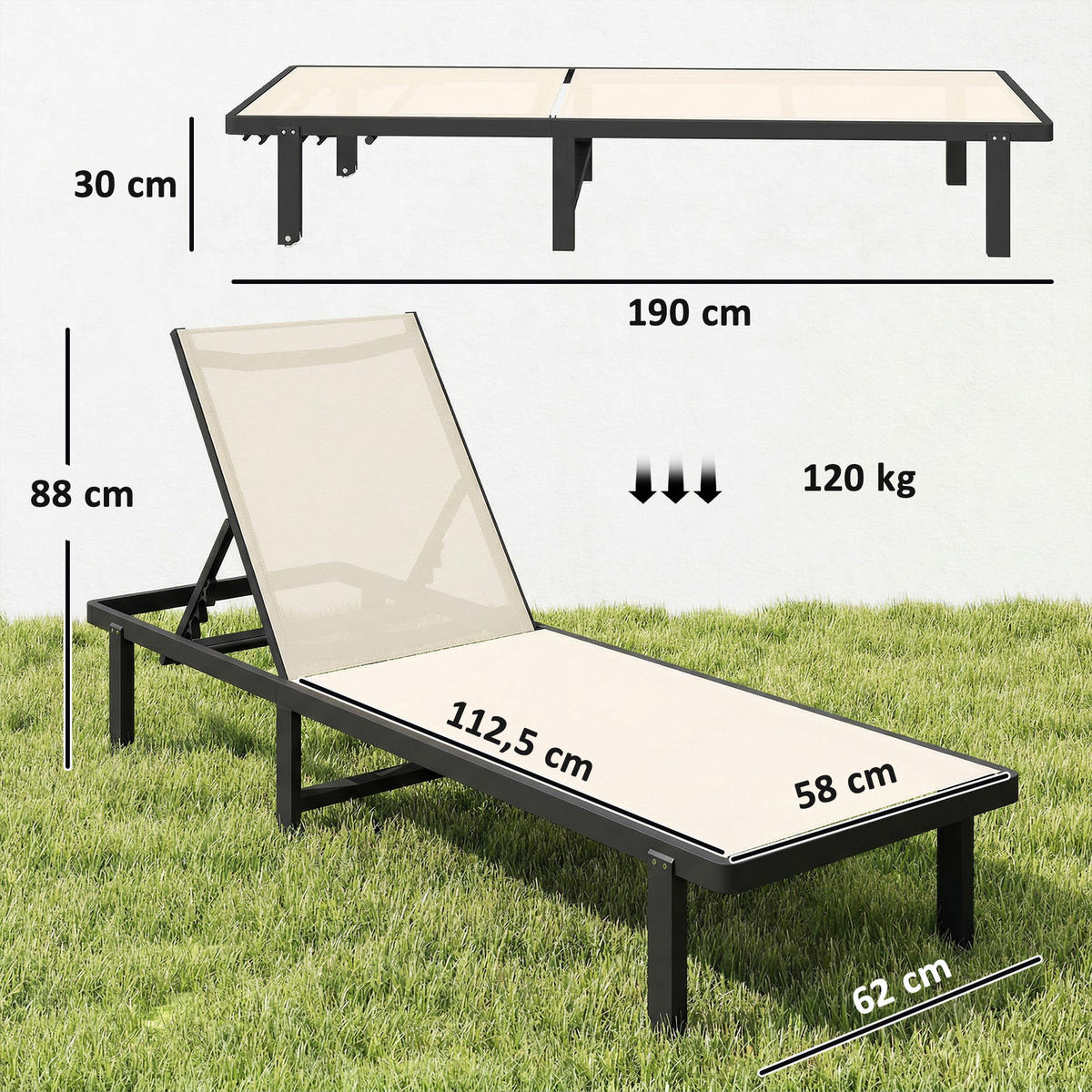 SONNENLIEGE Set aus 2 verstellbaren Sonnenliegen mit Rollen verstellbarer Rückenlehne ,4-stufig ，190*62*88 cm - Beige, Metall (62/88/190cm) - Vallsero