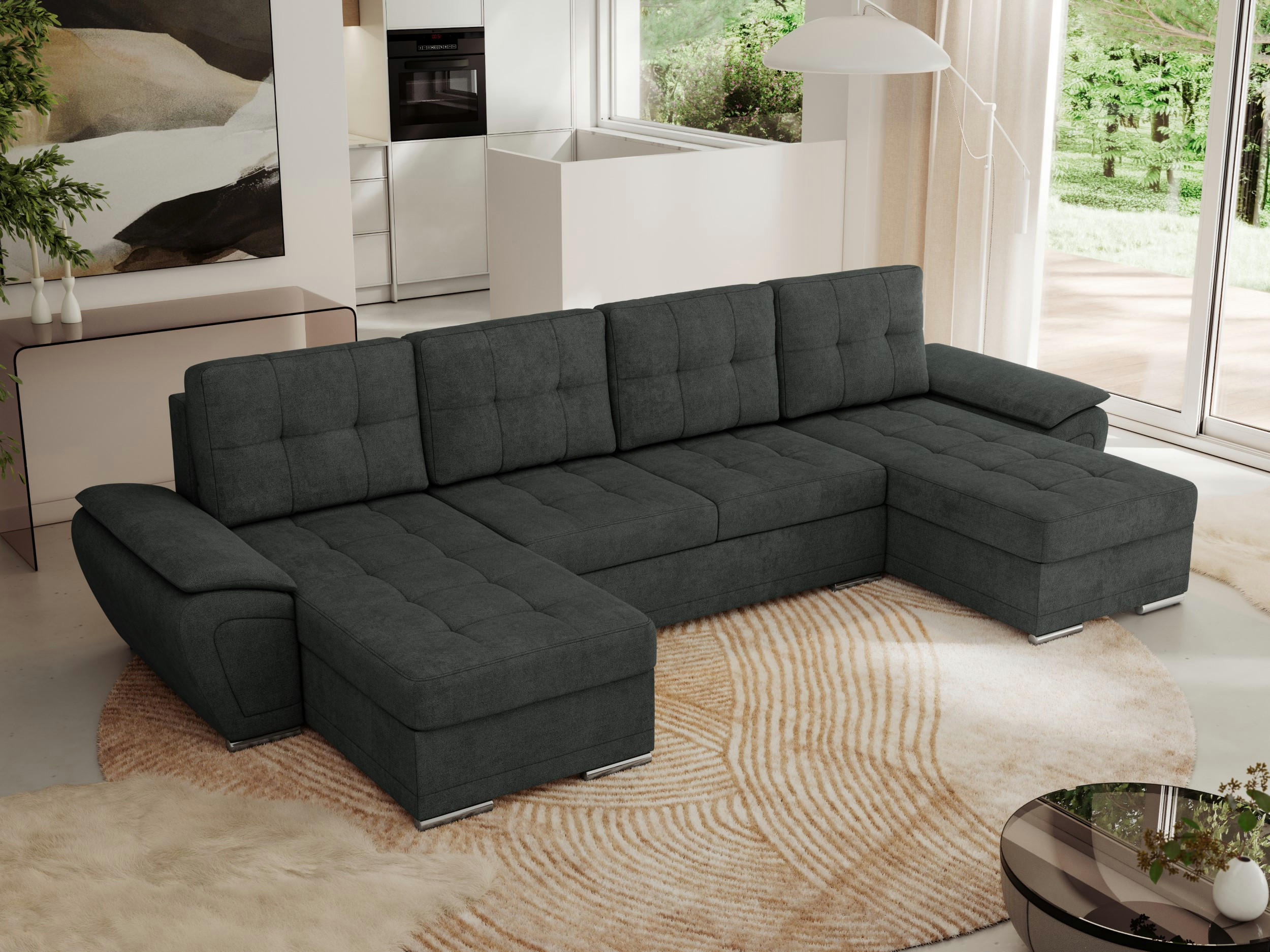 WOHNLANDSCHAFT UMBRIA U Dunkelgrau Stukture - Dunkelgrau/Grau, Textil/Metall (336/85/157cm) - MKS