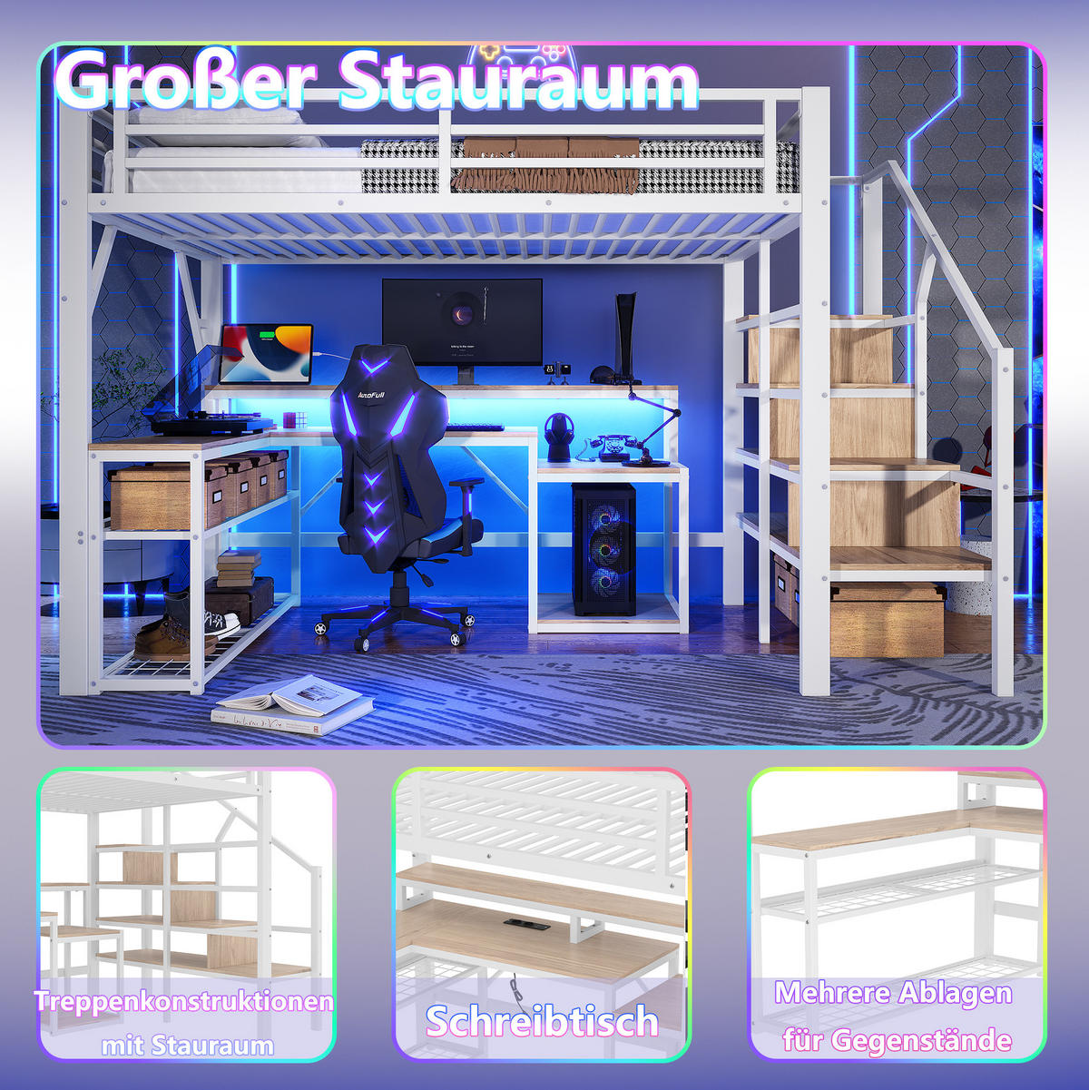 HOCHBETT mit Schreibtisch 140/200 cm in Weiß – mit Stauraumtreppe und LED - Weiß, Metall (140/200cm) - BEAOK