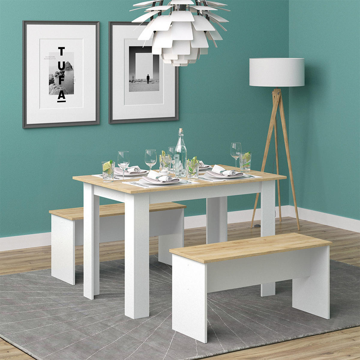 ECKBANKGRUPPE Sentio Weiß/Goldkraft Eiche 112 x 73.6 cm mit 2 Bänken - Honigeiche/Weiß, Holzwerkstoff (112/73/73.6cm) - Vicco