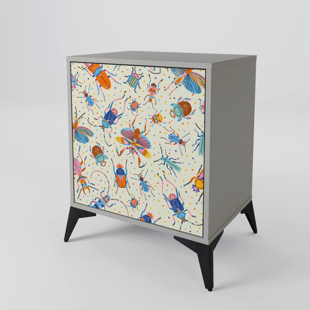 SIDEBOARD COLORFUL INSECTS, Grau, 57,5x42x67,5 cm, Schwarze Metall-Rahmenfüße - Multicolor/Schwarz, Holzwerkstoff/Metall (57.5/67.5/42cm) - SpaceRebels