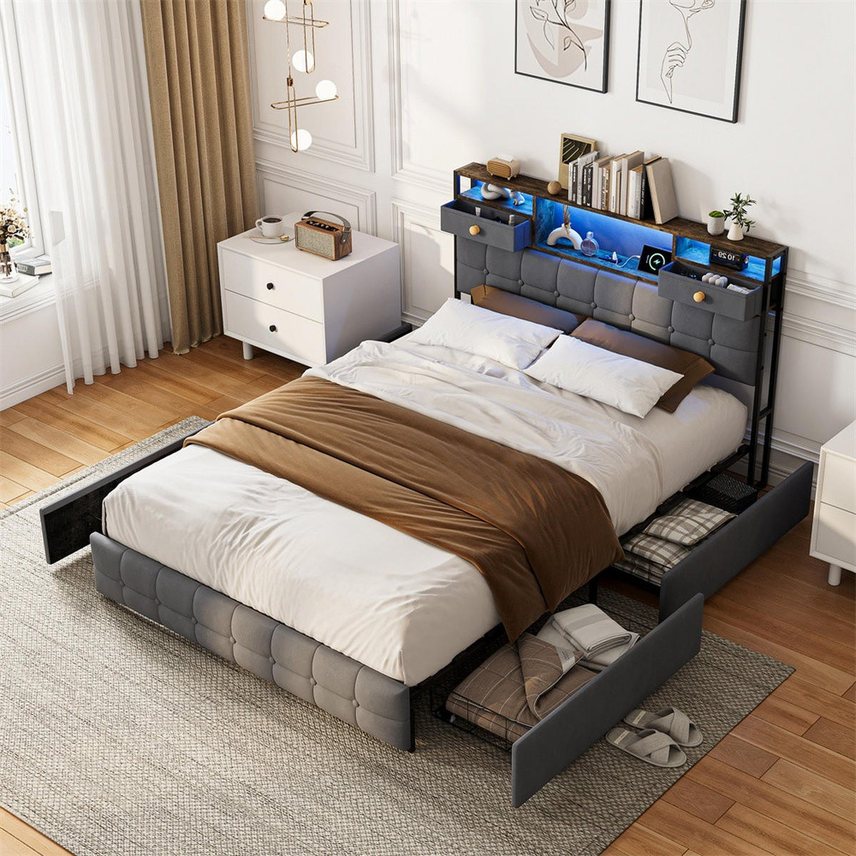 POLSTERBETT 160x200 cm mit LED-Beleuchtung - USB-Ladefunktion und 6 Schubladen - ohne Matratze - Grau - Grau, Textil (160/200cm) - DELFA