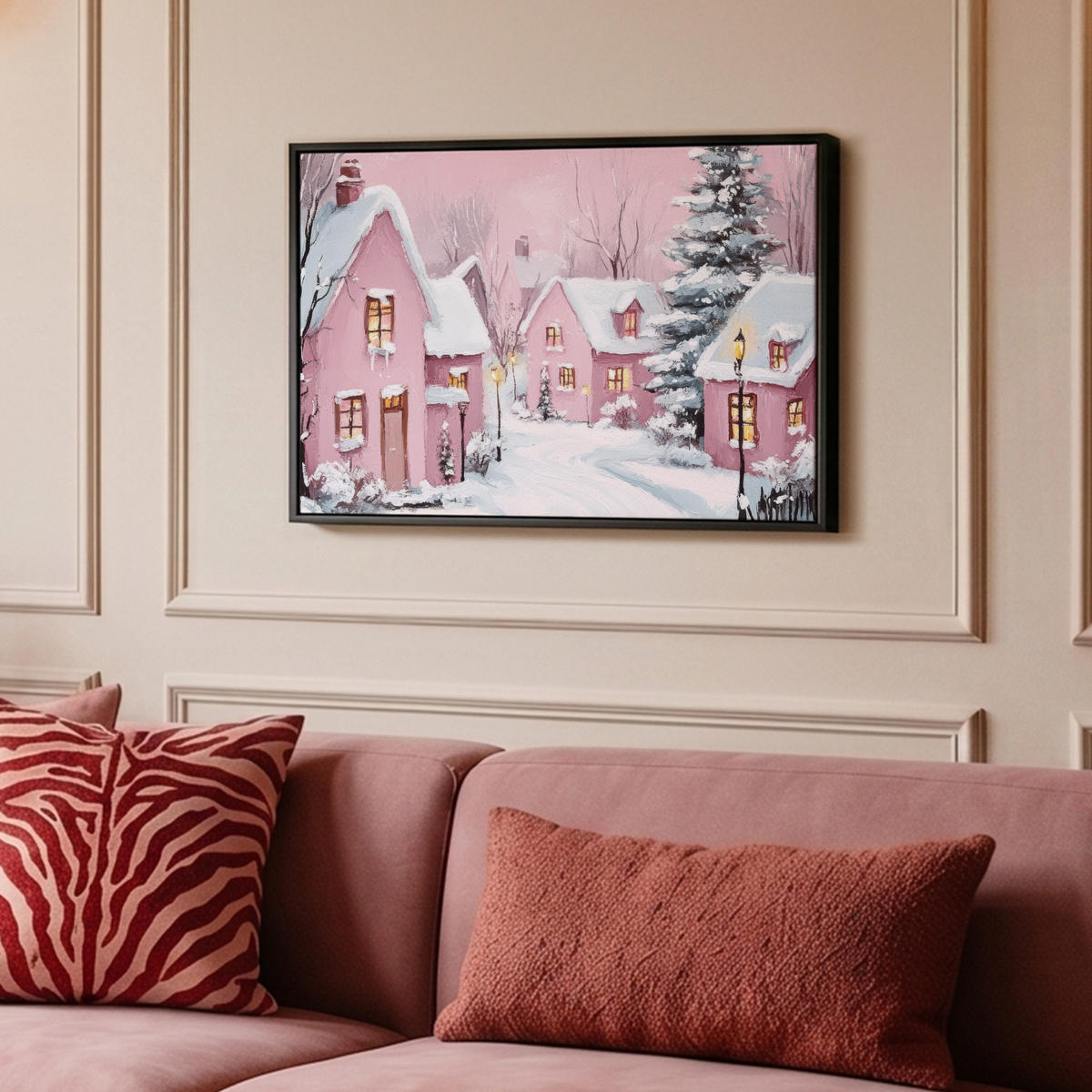 LEINWAND Bilder mit Rahmen - Weihnachtsdorf - Rosa - Winter - Schnee - Häuser - 60x40 - Altrosa, Textil (60/40cm) - MuchoWow