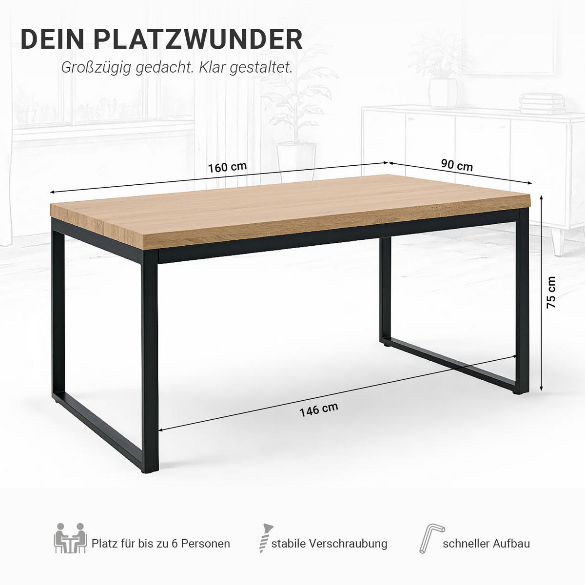 ESSTISCH in Eiche Schwarz 160/90/75 cm - Schwarz/Weiß, Holzwerkstoff/Metall (80/80/75cm) - Homestyle4u