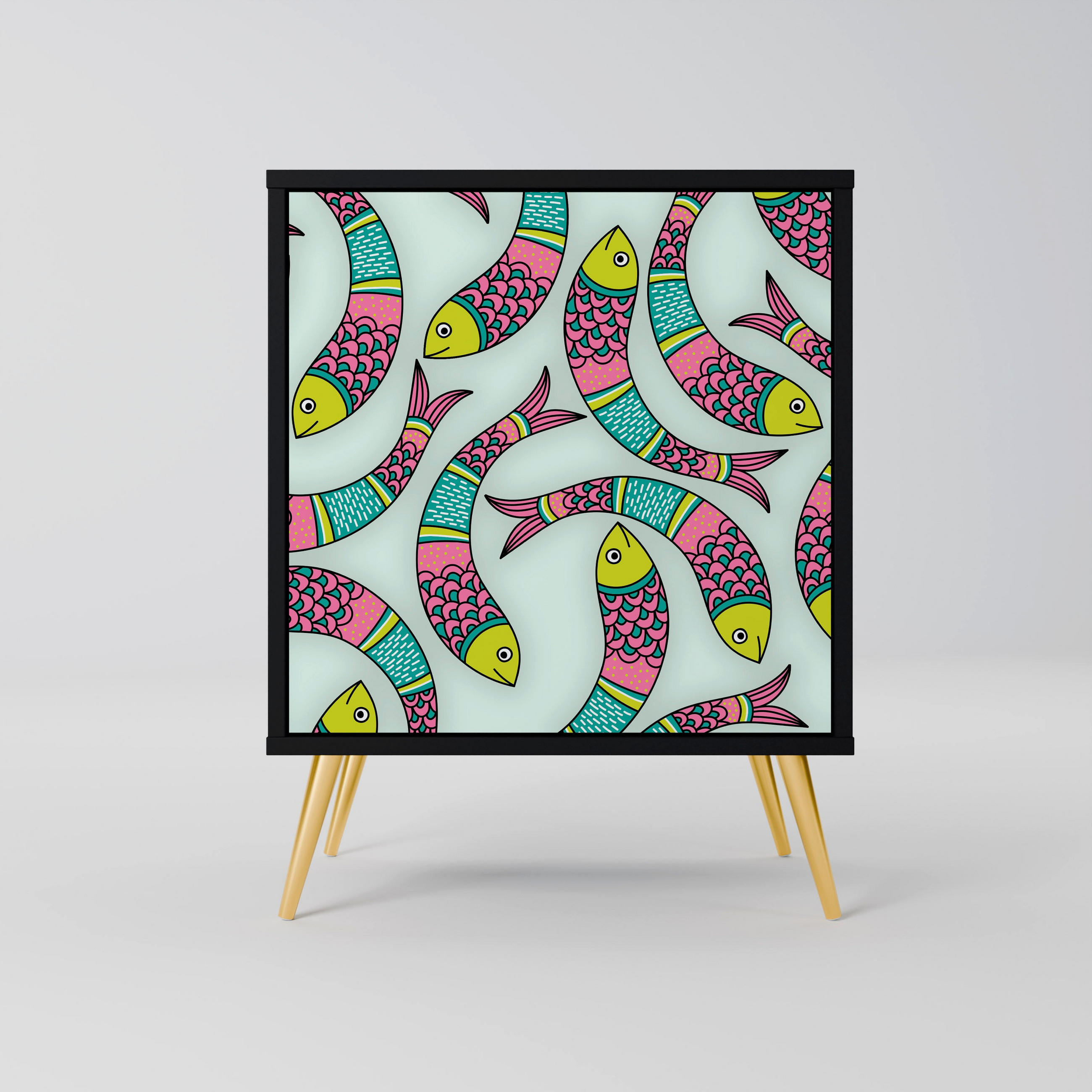 SIDEBOARD INDIAN FISH, Schwarz, 57,5x42x75,5 cm, Goldfarbene Metallfüße - Goldfarben/Multicolor, Holzwerkstoff/Metall (57.5/75.5/42cm) - SpaceRebels