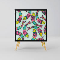 SIDEBOARD INDIAN FISH, Schwarz, 57,5x42x75,5 cm, Goldfarbene Metallfüße - Goldfarben/Multicolor, Holzwerkstoff/Metall (57.5/75.5/42cm) - SpaceRebels