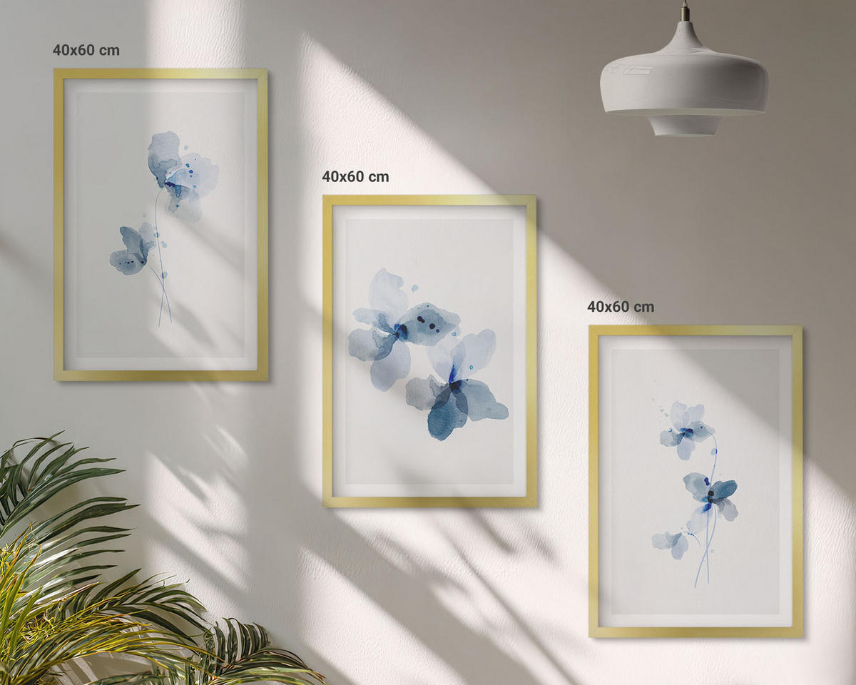 WANDBILDER 3er Set - 40x60 cm Goldrahmen - Blaue Blumen - Goldfarben, Kunststoff (40/60cm) - ArtPrintCave