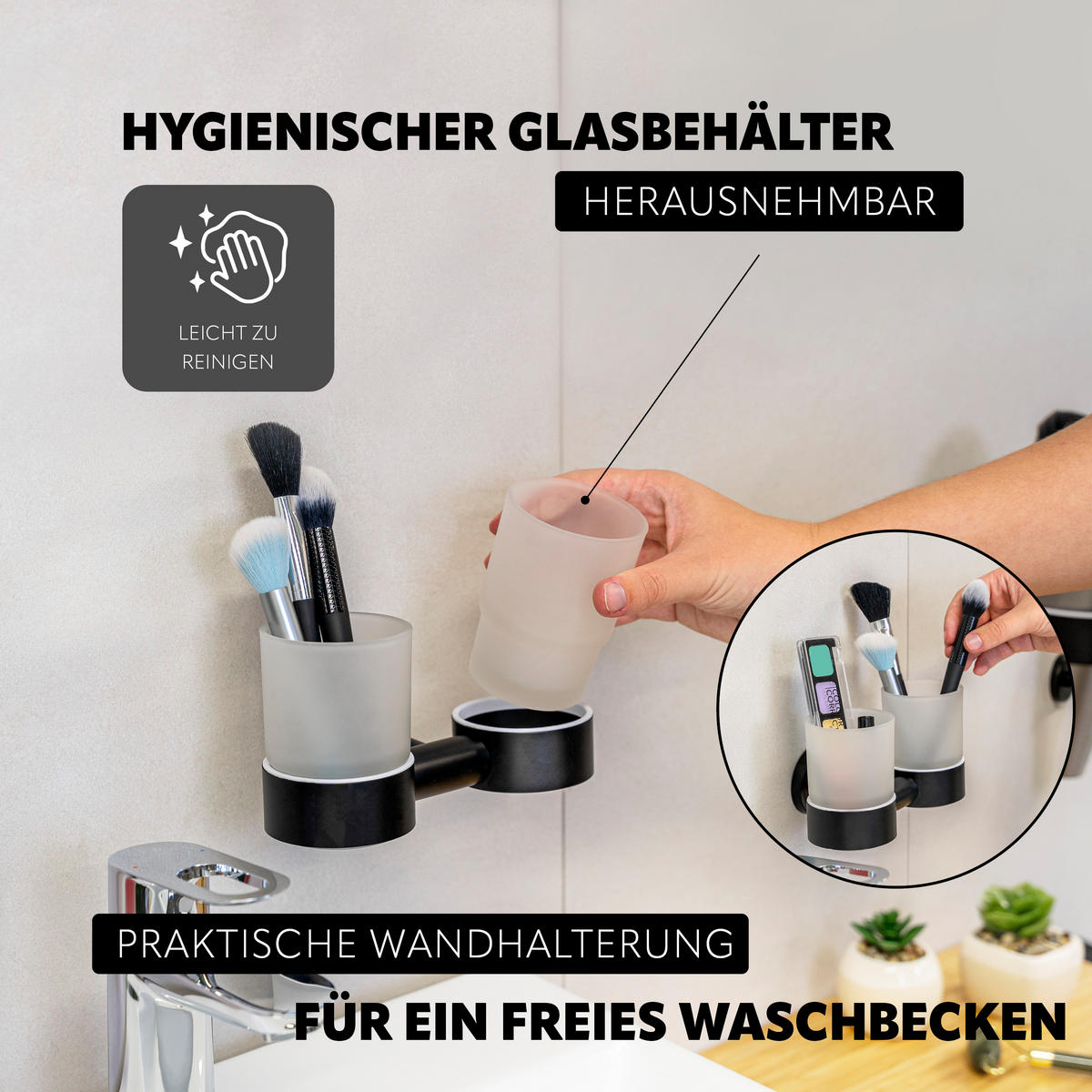 DOPPEL-GLASBECHERHALTER PIAZZA BLACK, schwarz, inkl. Klebeset - Schwarz, Metall (17.5/10.5/11cm) - bremermann