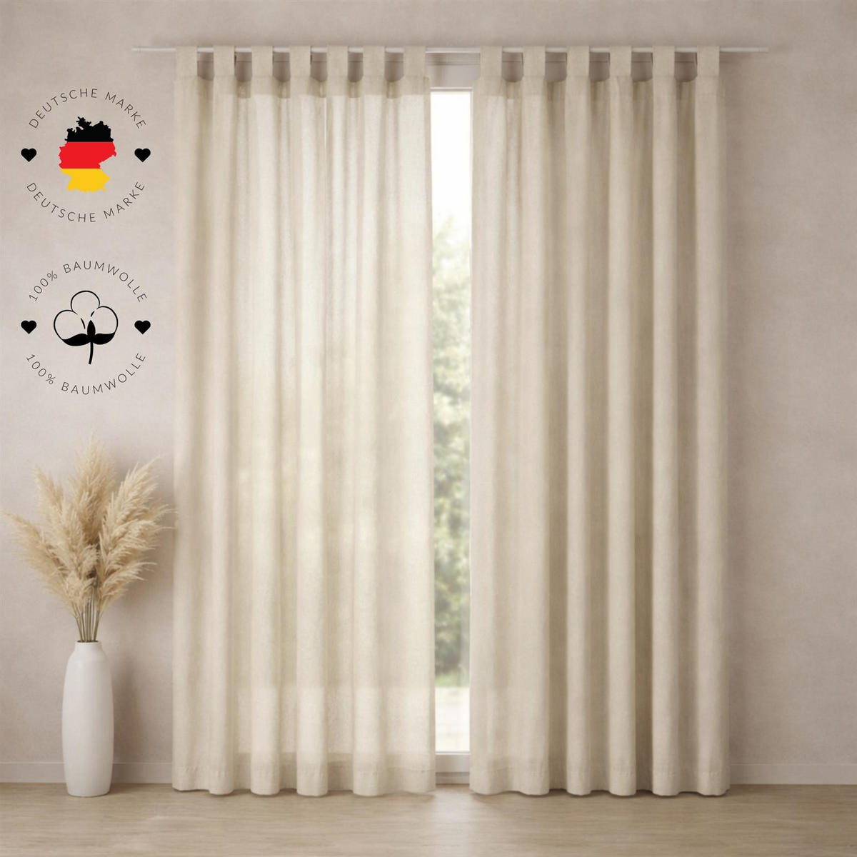 SCHLAUFENSCHAL Gardinen 145x250 cm aus 100% Baumwolle. Eleganter Stone Washed Fenster Vorhänge mit Schlaufen - Leinen - Naturfarben, Textil (145/250cm) - Carpe Sonno