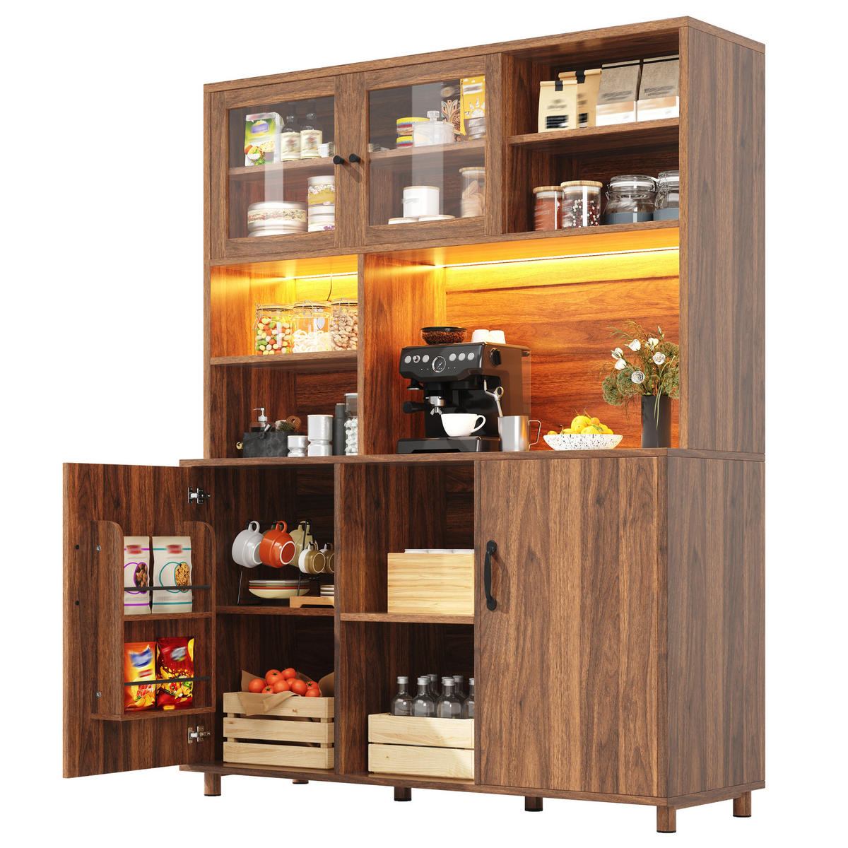 KÜCHENSCHRANK 140x40x185 cm, LED-Beleuchtung, Schiebetüren, 3 verstellbare Einlegeböden, Walnuss - Walnussfarben, Holzwerkstoff (140/185/40cm) - FOHERE