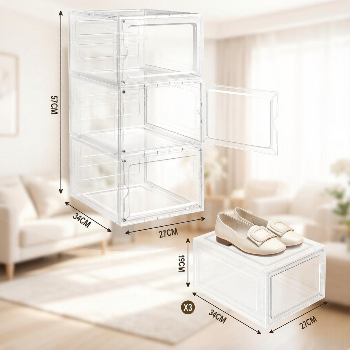 AUFBEWAHRUNGSBOXEN Transparent 3er-Set 27/34/57 cm - Transparent, Kunststoff (27/57/34cm) - PANGIVO