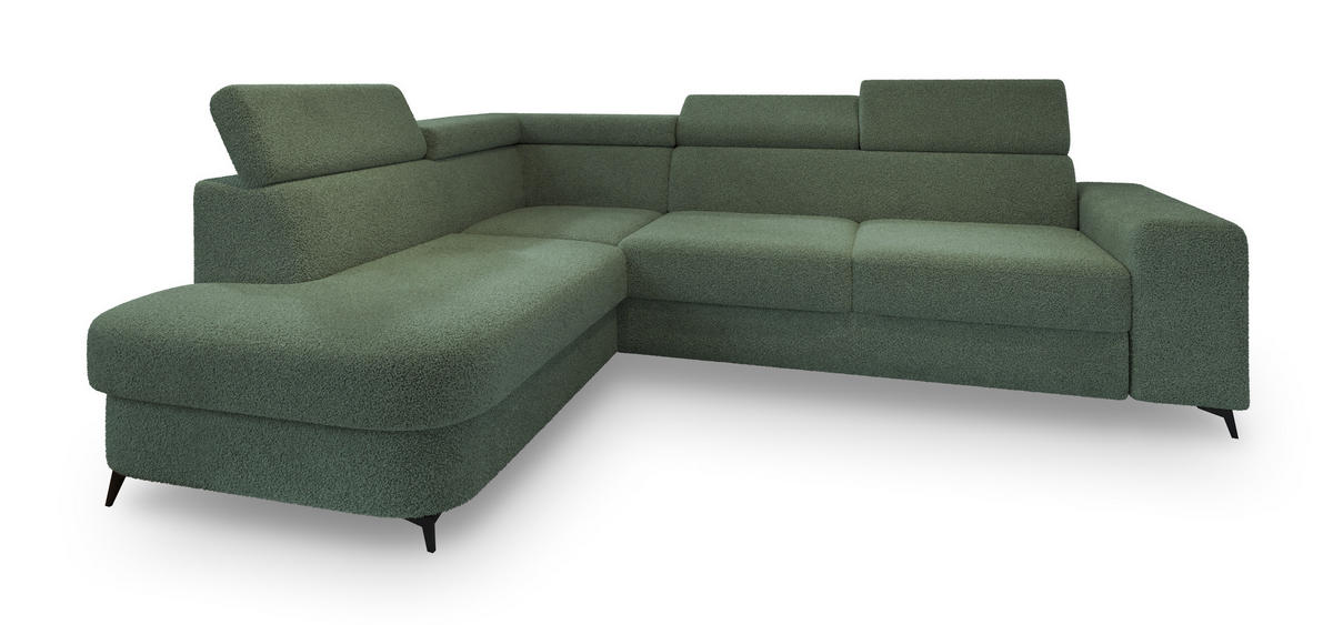 ECKSOFA ALVORO L-S Grün Boucle-Stoff mit Schlaffunktion - Grün, Holz (253/190cm) - MASSENO