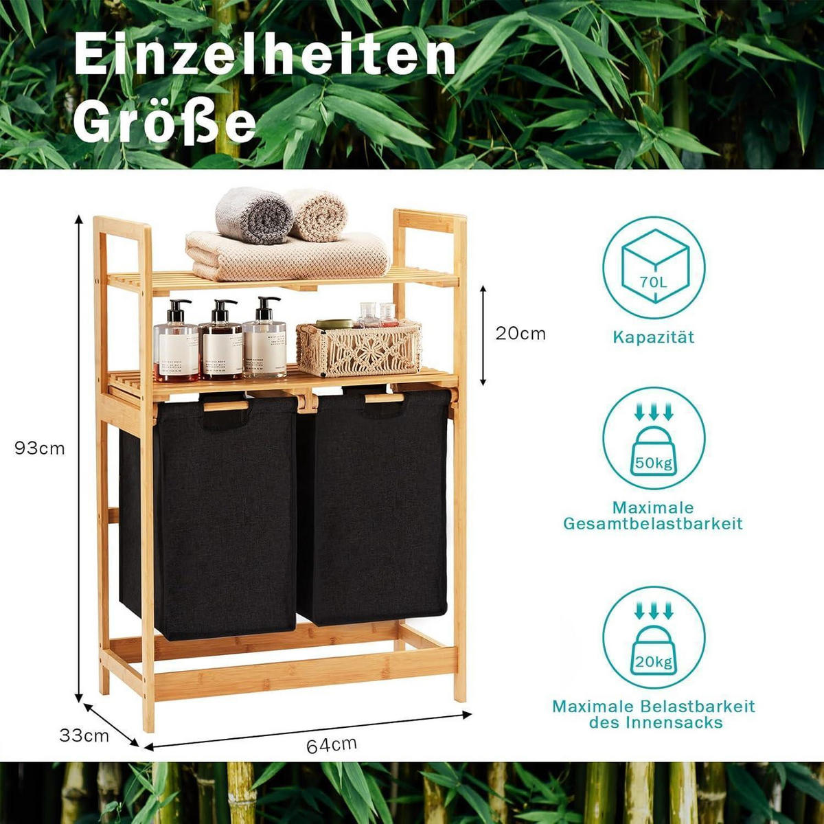 WÄSCHEKORB Bambus mit 2 Ablagen und 2 Wäschesäcken Schwarz 93 x 64 x 33 cm - Schwarz, Naturmaterialien (40.5/33/94cm)