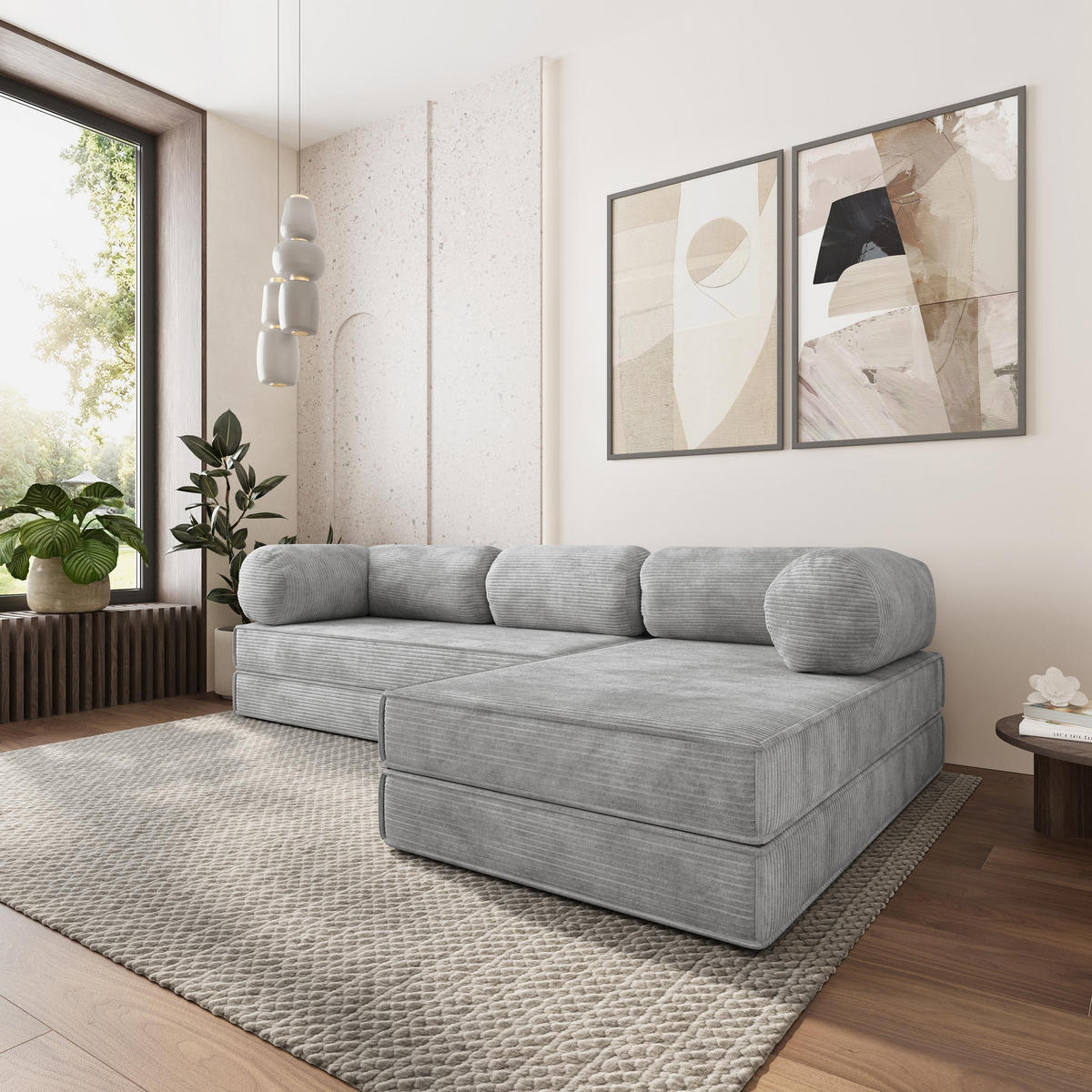 ROHOVÁ SEDAČKA ETERA modulární Boneless pohovka s funkcí spaní, světle šedá POSO 55 - světle šedá, textil (270/160cm) - MASSENO