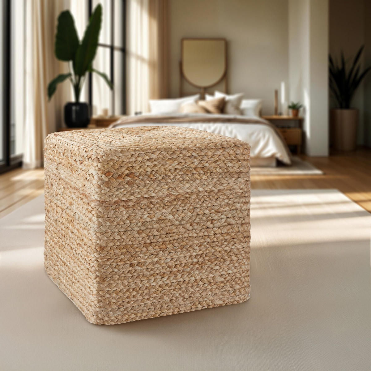 HANDGEFERTIGTER POUF Banno Cube,40 x 40 x 41 cm, Belastbarkeit 150 kg,beige - Beige, Textil (40/41/40cm) - tectake