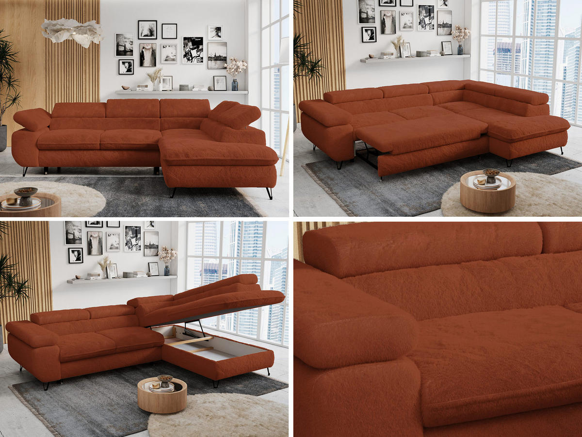 ECKSOFA PETER L Orange Plüsch - Rechts Seite - Schwarz/Orange, Textil/Metall (273/208cm) - MKS