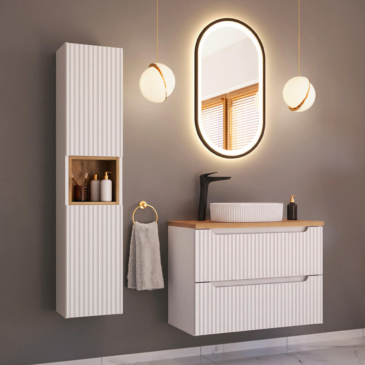 KOPALNIŠKO POHIŠTVO 80.4cm Riva 2-delni komplet Bela in lesena - bela, leseni material (80.4/59/40cm) - Petits-meubles