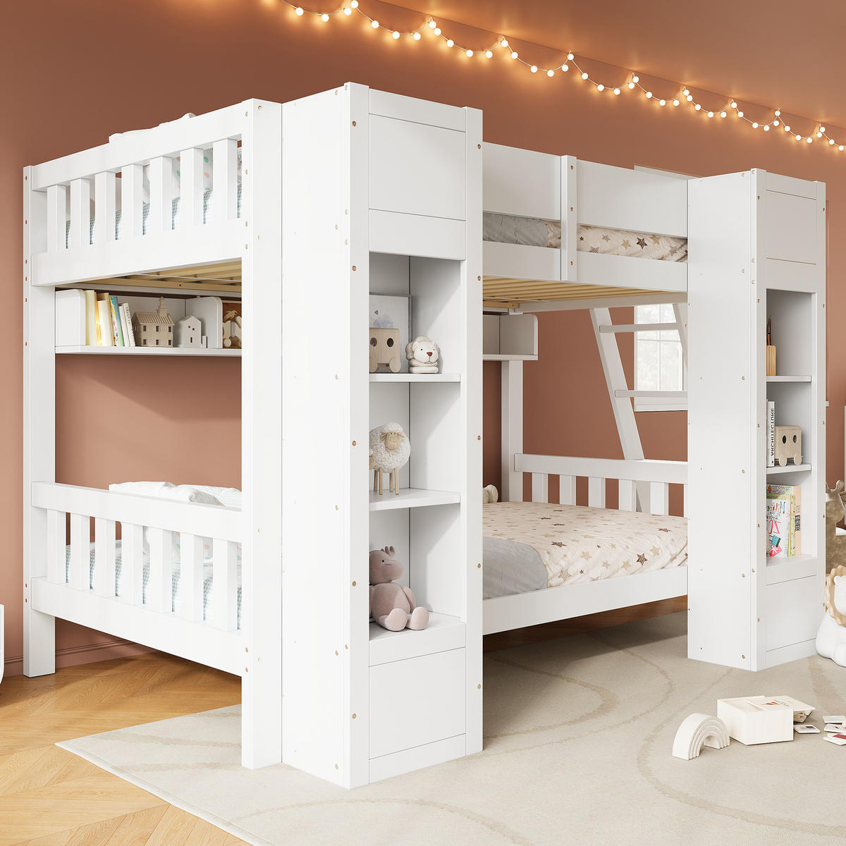 ETAGENBETT 90/200 cm in Weiß mit 2 Frontschränken, Hängeregal, Leiter und Rausfallschutz aus Massivholz und MDF - Weiß, Holzwerkstoff (90/200cm) - STILVORA