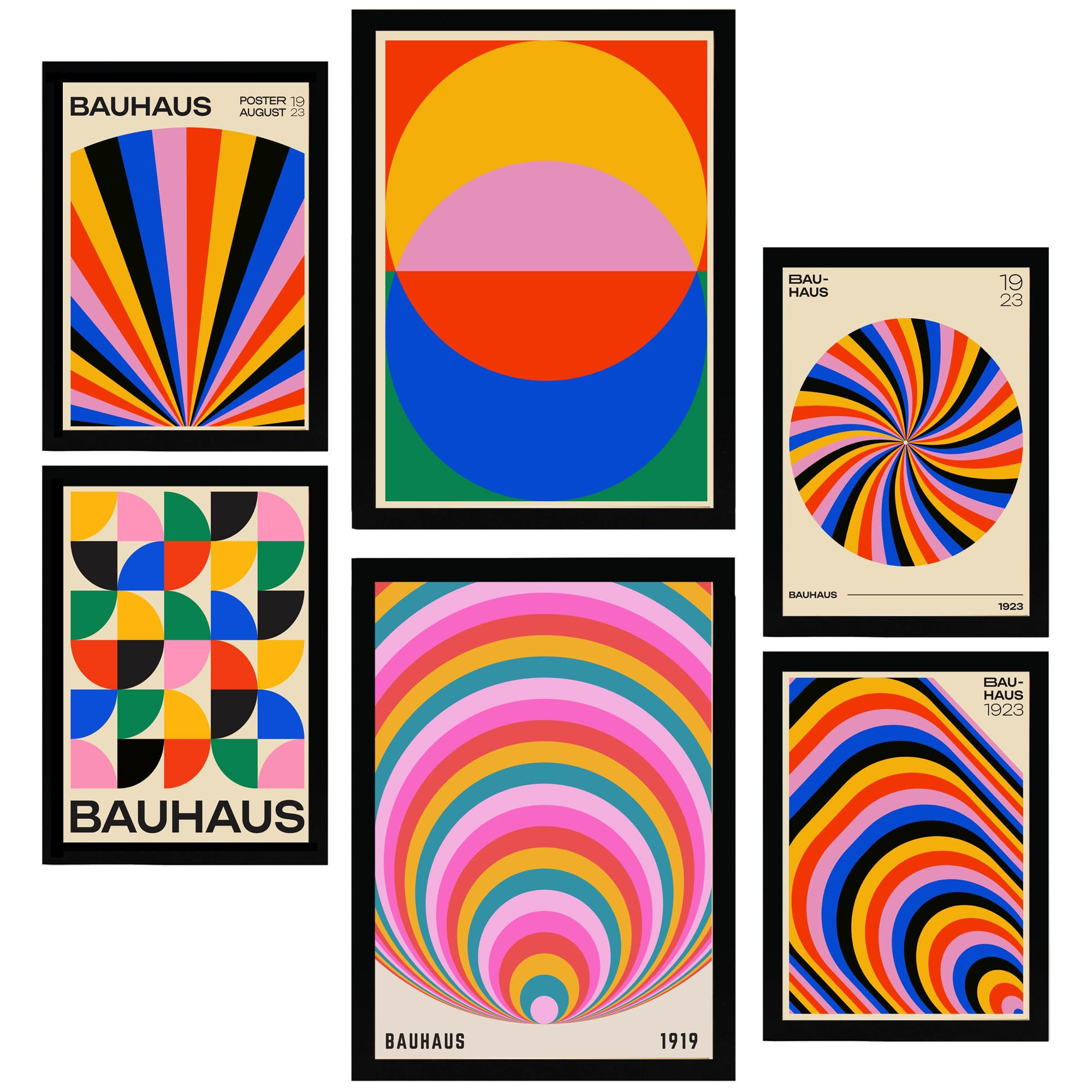 POSTER Set Mit 6 Geometrische Bauhaus Farben In Leuchtenden Farben A3 & A4 Schwarzer Rahmen - Schwarz, Papier (29/3cm) - Nacnic