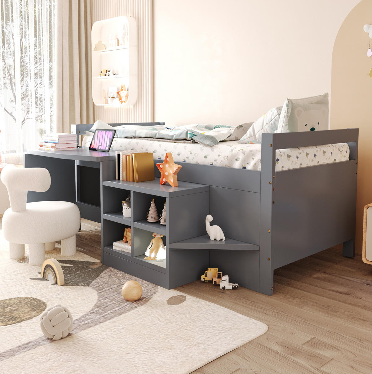 KINDERBETT 90/200 cm mit Schreibtisch, Stauraum und USB-Steckdose, Grau - Grau, Holzwerkstoff (90/200cm) - Redom