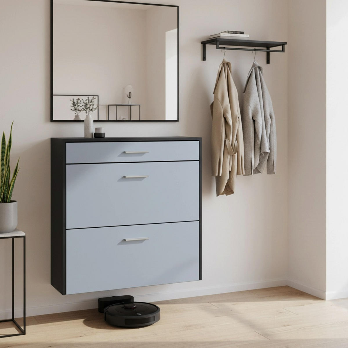 HÄNGENDER-SCHUHSCHRANK Roma Air Schmal mit 2 Klappen und 1 Schublade, Platzsparender Schuhkipper, Schwarz/Beton Oxid Optik (89 x 87 x 23 cm) - Pastellblau, Holzwerkstoff (89/87/23cm) - InnoFurn