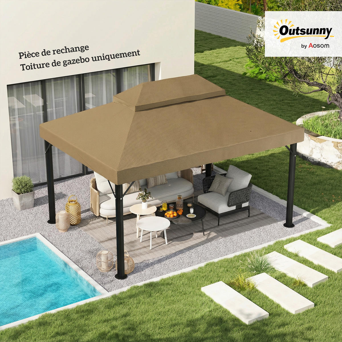 ERSATZDACH, 4x3 m für Pavillon, beige, Doppeldach, Polyester 370 g/m² - Multicolor, Kunststoff (400/300cm) - FORIOUS