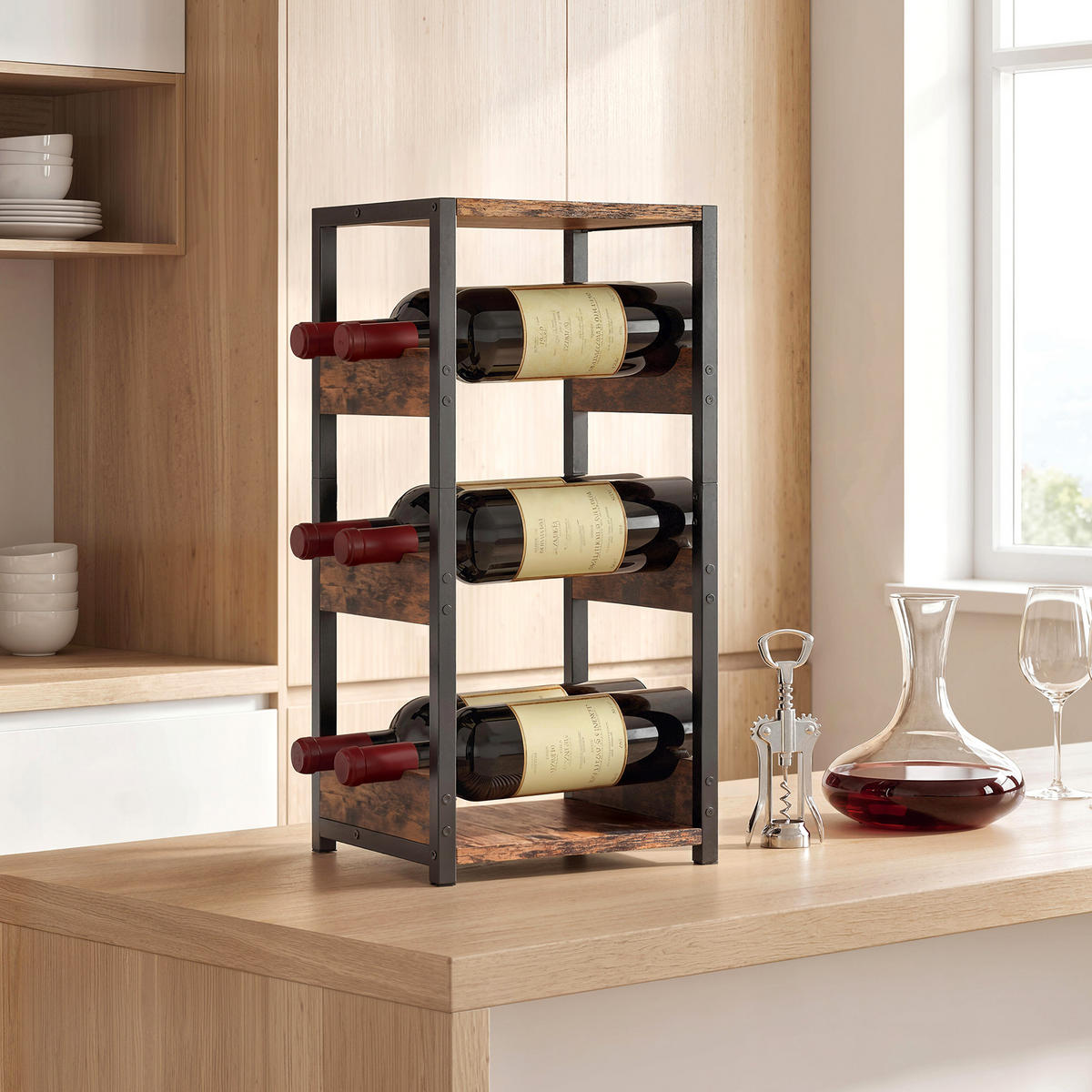 WEINREGAL, 6 Flaschen, gewellte Ablagen, rustikal braun, 22x24x49,2cm - Multicolor, Metall (24/49.2/22cm) - FORIOUS