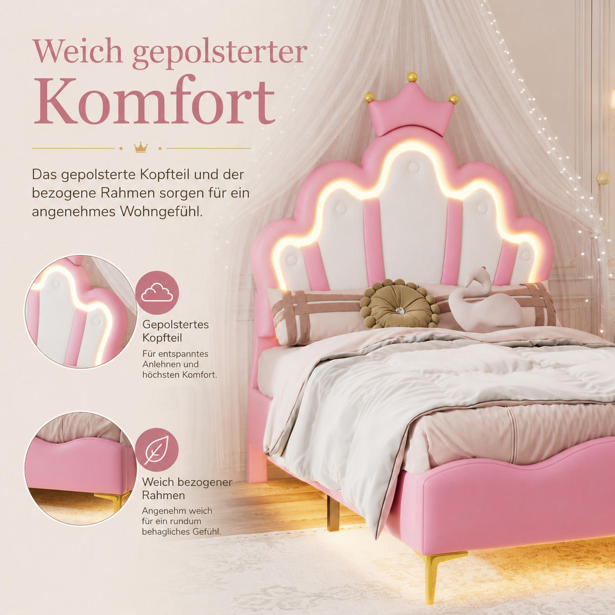 KINDERBETT 90/200 Rosa LED Polsterbett Prinzessin - Rosa, Metall (90/200cm) - Joyfair