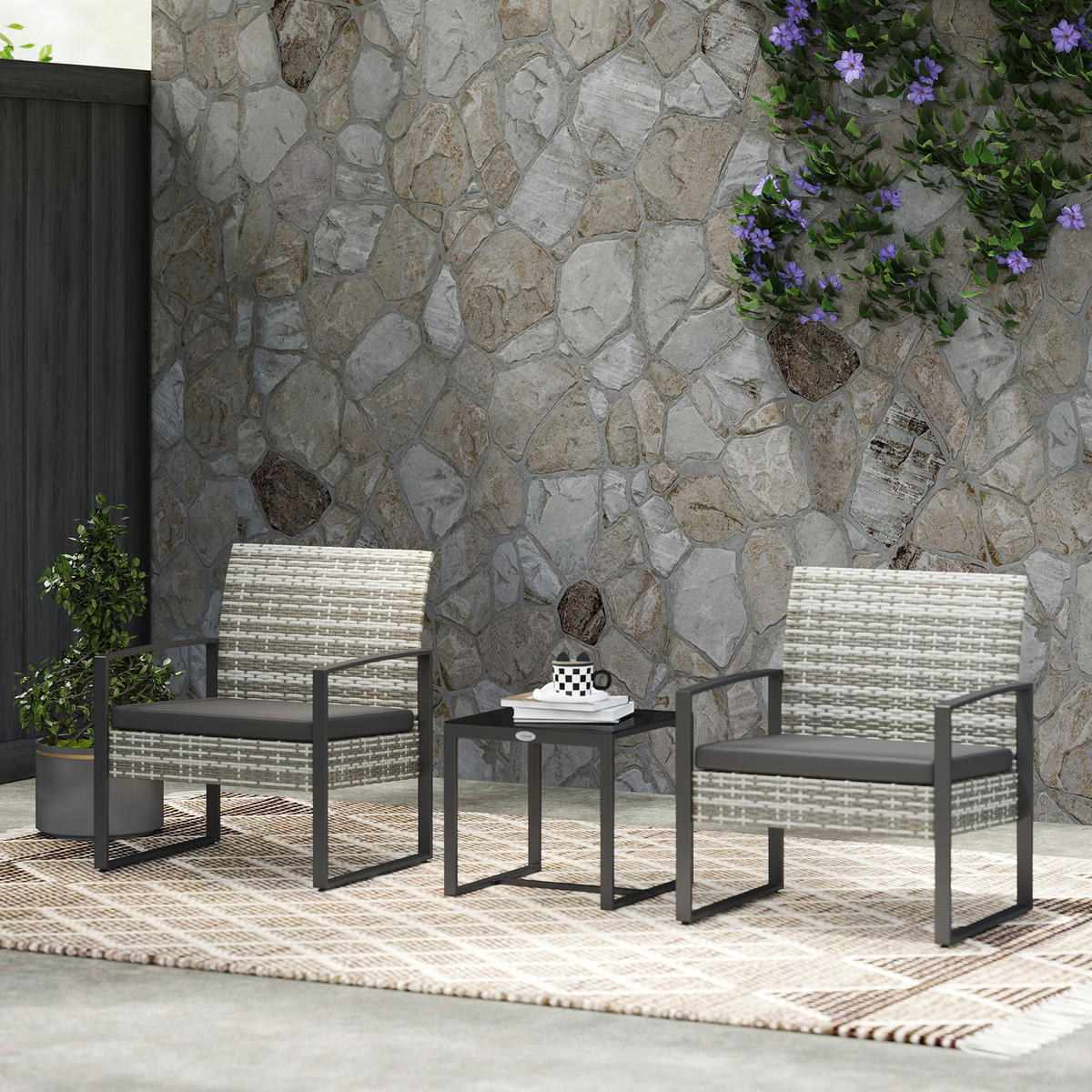 GARTENSET DE-13602 2 Stühle mit Kissen, Glastisch Hellgrau - Hellgrau, Metall - ComfortXL