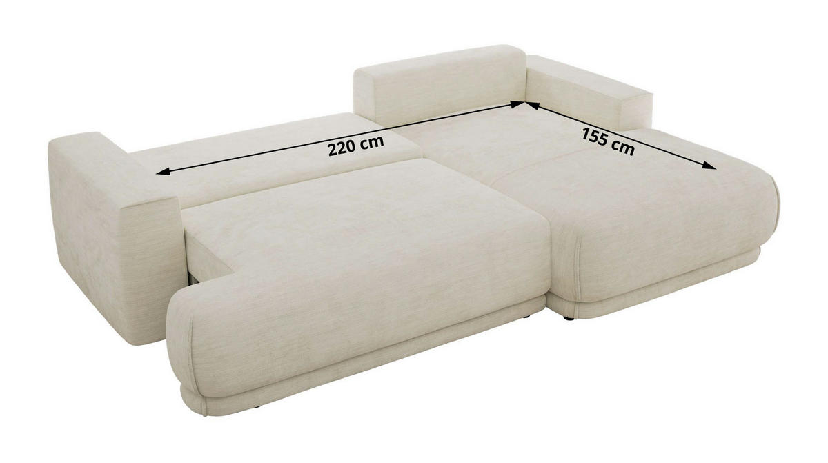 ECKSCHLAFSOFA RINA L Creme Schenille glatt - links - Creme/Schwarz, Kunststoff/Textil (267/170cm) - MKS