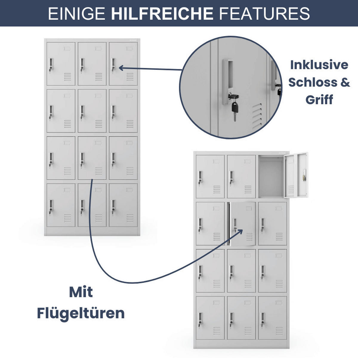 SCHLIESSFACHSCHRANK Spind BERN 12 Fächer185x90x40cm Grau - Grau, Metall (90/185/40cm) - DELUKE