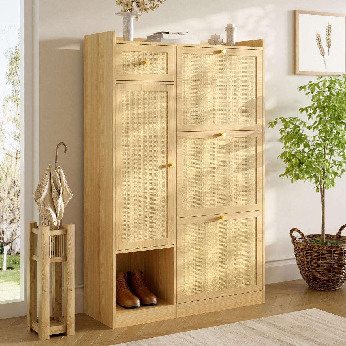 SCHUHSCHRANK 80.5x25x125cm Rattan mit 3 Klappen - Naturfarben, Holzwerkstoff (80.5/125/25cm) - FLIEKS