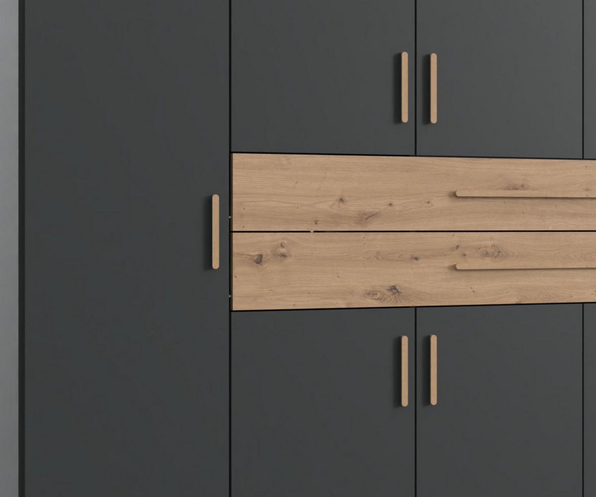 DREHTÜRENSCHRANK B270/H208/T58 cm in Grafit, Kleiderschrank mit 2 großen Schubkästen und Griffen in Eiche Artisan Dekor / 22643 - Graphitfarben/Eiche Artisan, Holzwerkstoff/Kunststoff (270/208/58cm) - luma-home