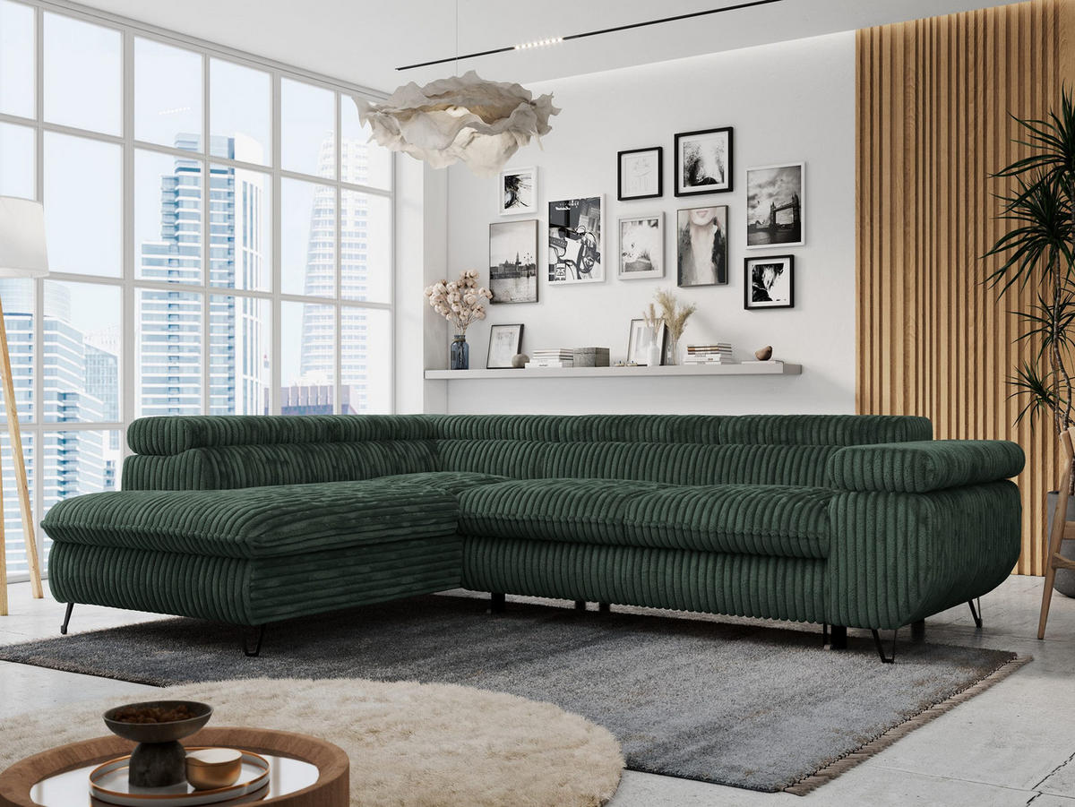 ECKSOFA PETER L Grün Cord - Links Seite - Schwarz/Grün, Textil/Metall (208/273cm) - MKS